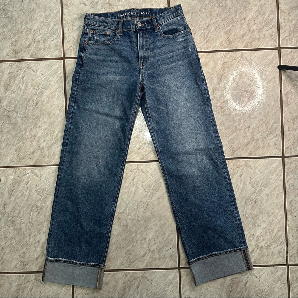 American Eagle Stovepipe Jeans Women 2 Long Straight Cuffed Distressed